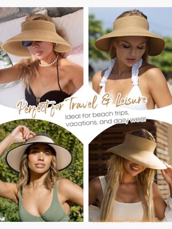 Straw Sun Visor Hat UPF 80+ Wide Brim Ponytail Beach Hat main image 5